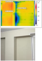 Внутренняя тепловизионная съемка объекта, выявлены скрытые дефекты тепловой защиты (утепления)